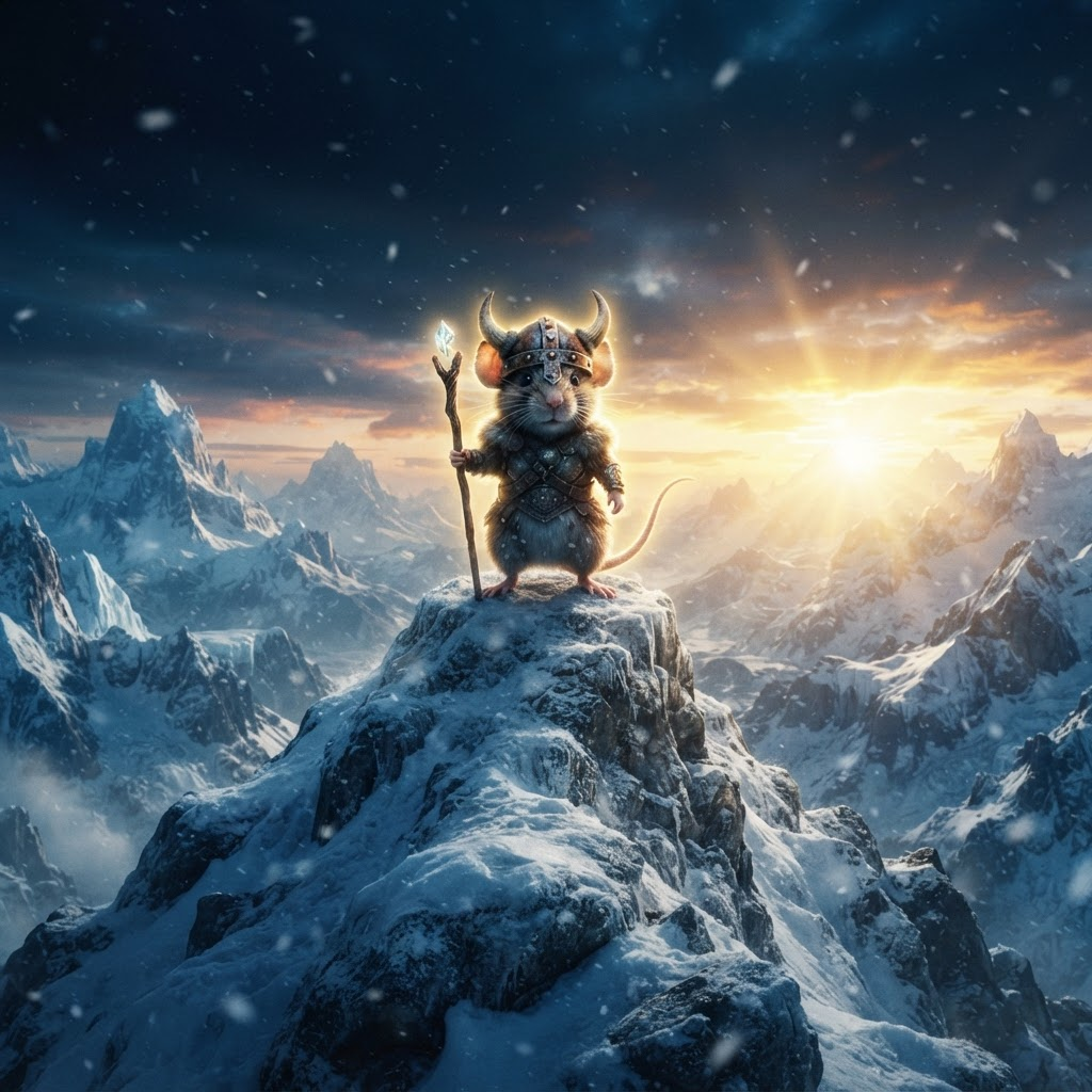 The glowing Viking mouse standing on the snowy summit at sunrise